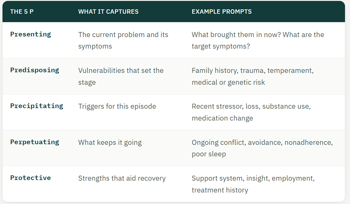 Biopsychosocial Data in the 5 Ps Format (Presenting, Predisposing, Precipitating, Perpetuating, Protective) for Psychiatric Case Formulations with Medication Management